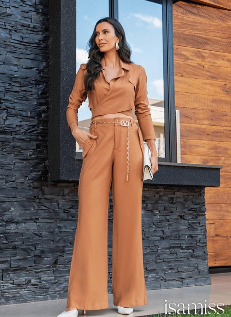 blaze777com様 Conjunto Galéria Caramelo Feminino Blazer Cropped com Transpasse